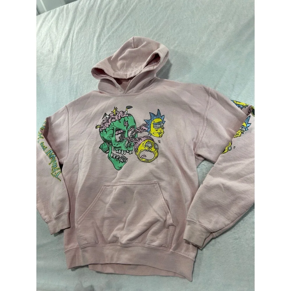 Rick and Morty Adult Swim Pink Graphic Hoodie Skull Sleeve Print Mens Medium